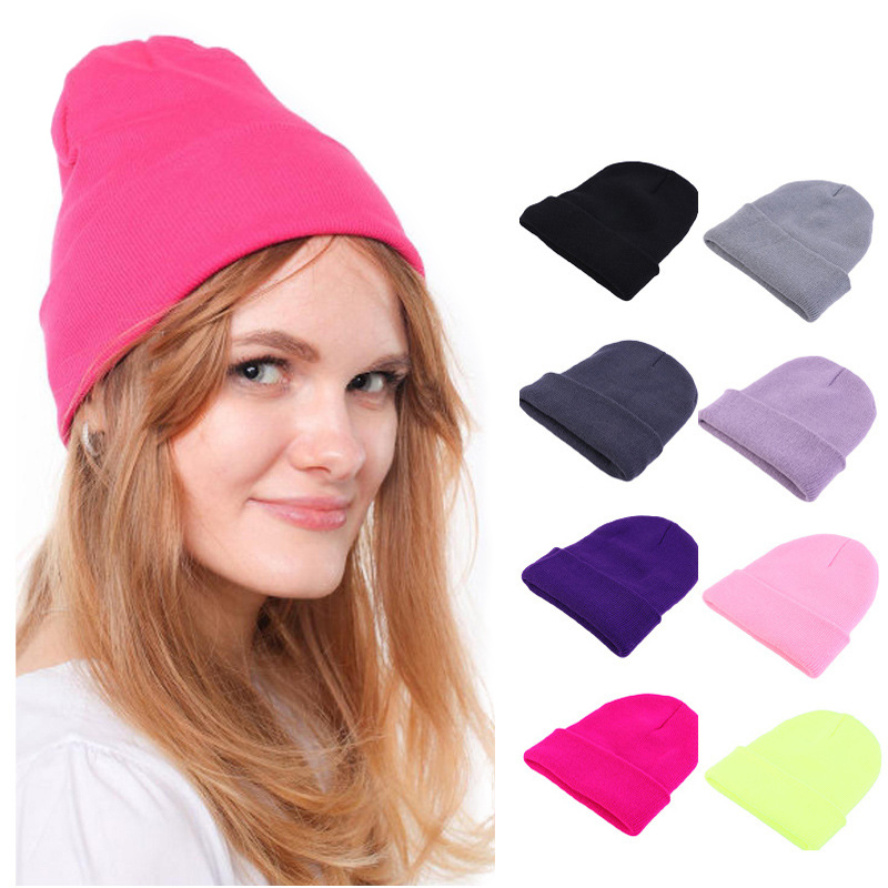 Beanie Cuffed Knit - Модная однотонная вязаная шапка-бини, теплая, мягкая,